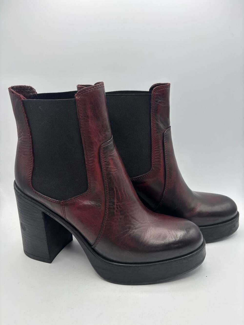Emanuele Crasto Burgundy Leather Chelsea Platform Heeled Boots Italian